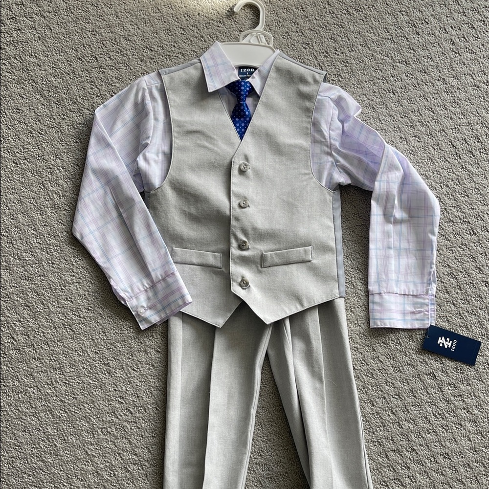 Izod Light Gray Boys Vest Suit Set with Blue Tie and Pink Plaid Shirt